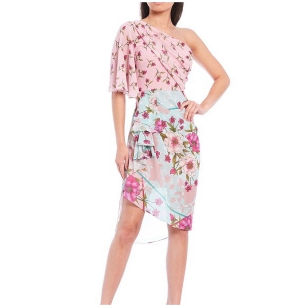 ‼️SALE‼️Belle Badgley Mischka One Shoulder Floral Asymmetrical Cocktail Dress Pi